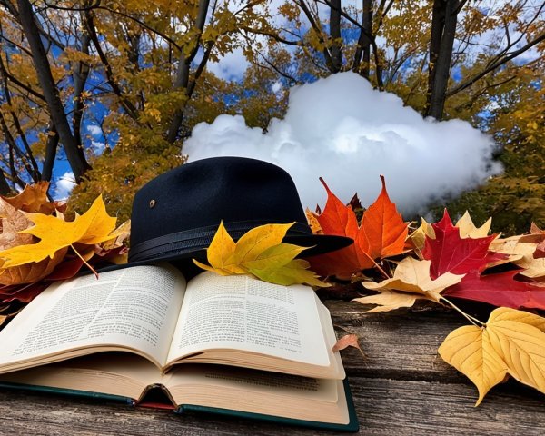 Open Book and Fedora on Rustic Wood with Autumn Leaves