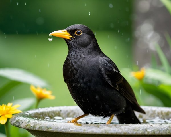Black Bird with Yellow Beak in Birdbath with Flowers