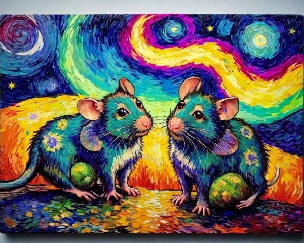 Whimsical Mice in Colorful Night Sky Landscape