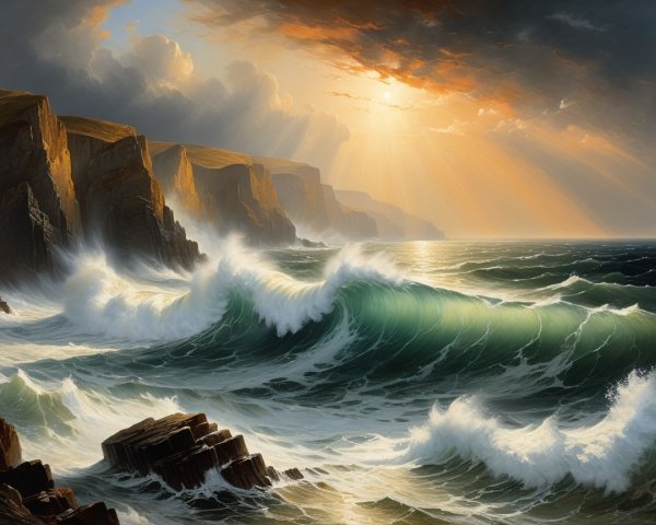 Dramatic Seascape of Waves and Rugged Cliffs