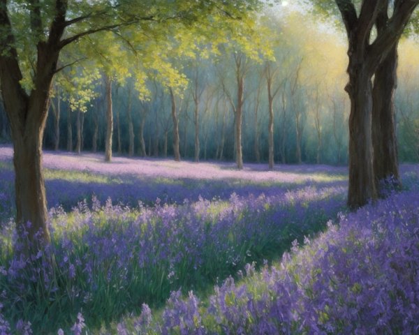 Tranquil Forest Glade with Sunlight and Purple Flowers