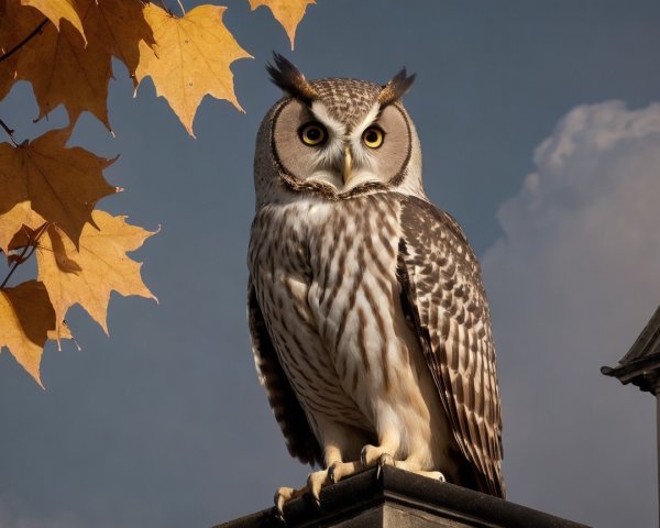 Majestic Owl on Stone Structure with Autumn Leaves