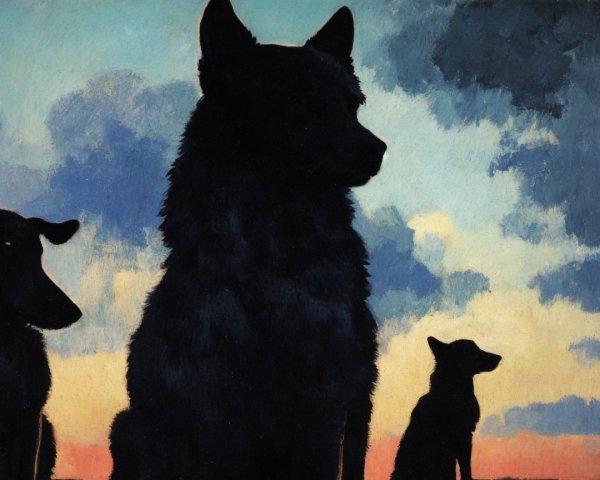 Silhouette of Three Dogs Against Colorful Sunset Sky