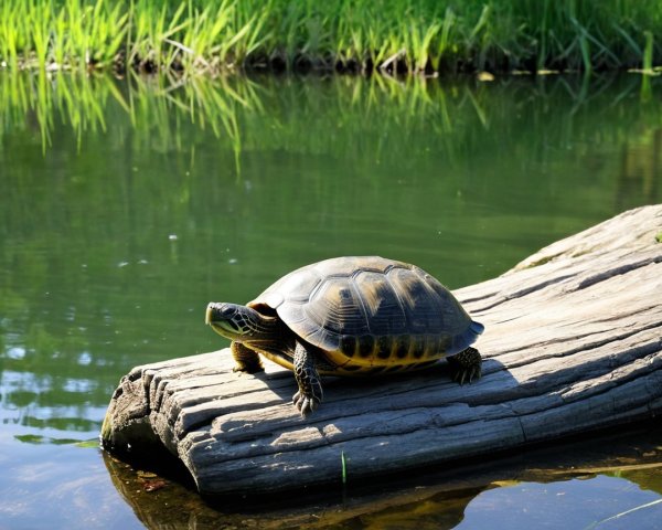 Turtle Basking on Log in Calm Waters and Greenery