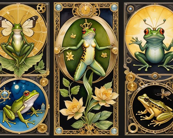 Frog Illustrations in Ornate Frames on Dark Background