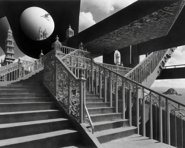 Surreal Architectural Scene with Intricate Staircases