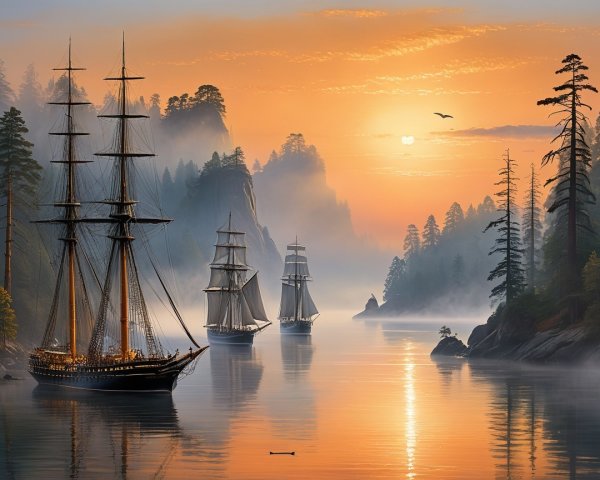 Tranquil Seascape at Sunrise with Sailing Ships