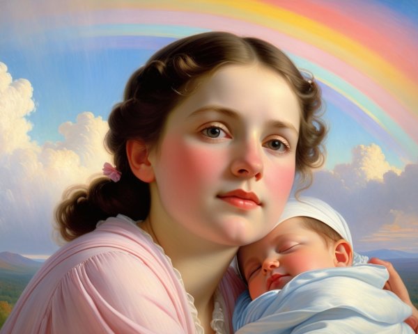 Tender Portrait of a Girl with an Infant and Rainbow