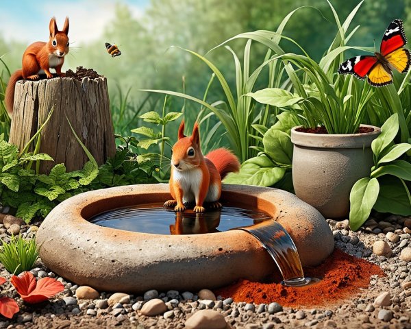 Playful Red Squirrels in a Serene Garden Setting