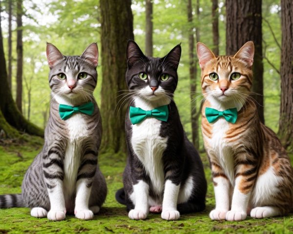 Stylish Cats in a Serene Forest Setting with Bow Ties