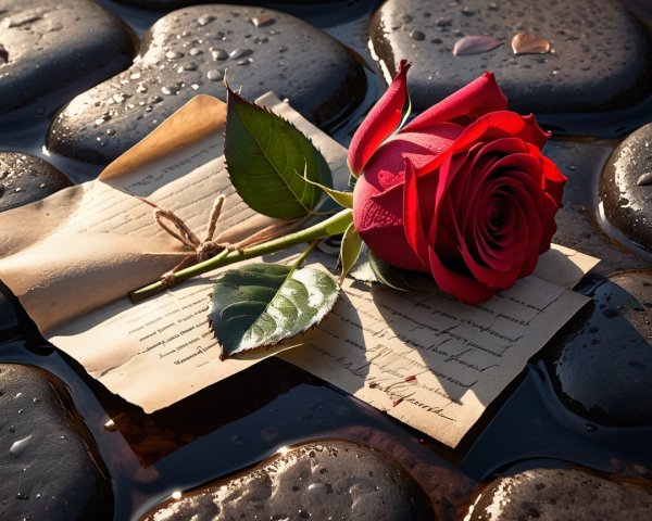 Red Rose on Handwritten Letter with Dark Stones