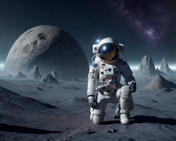 Astronaut on Barren Moon-Like Landscape with Galaxy
