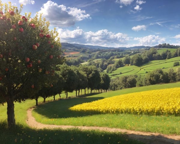 Vibrant countryside landscape with wildflowers and hills