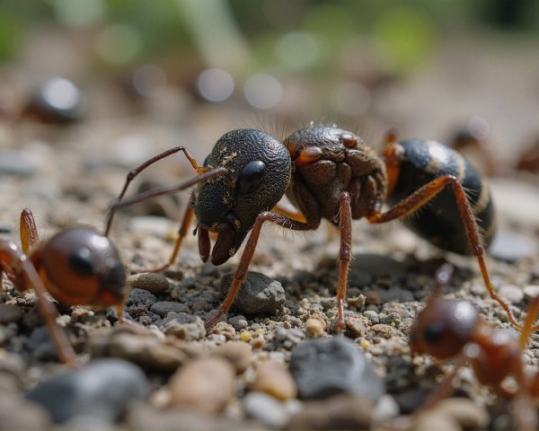 Close-Up of Large Ant with Smaller Ants on Ground