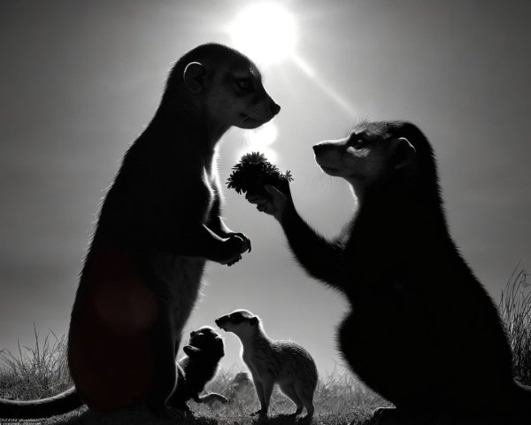 Meerkats Sharing Flowers in Black-and-White Scene