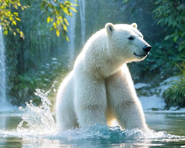 Polar bear in clear blue water with lush greenery