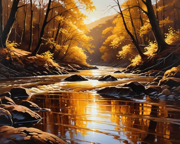 Autumn Landscape with River and Golden Leaves