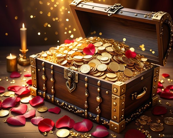 Wooden Treasure Chest Overflowing with Gold Coins