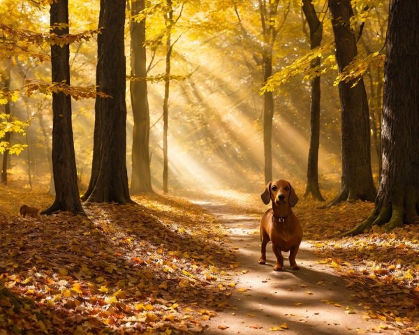 Dachshund in Autumn Forest with Sunlight and Leaves