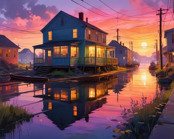 Picturesque Sunset Over Tranquil Canal and Blue House