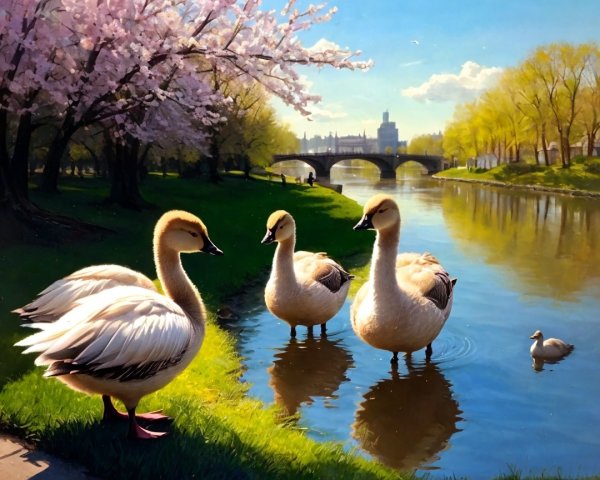 Serene Riverside Scene with Ducks and Cherry Blossoms