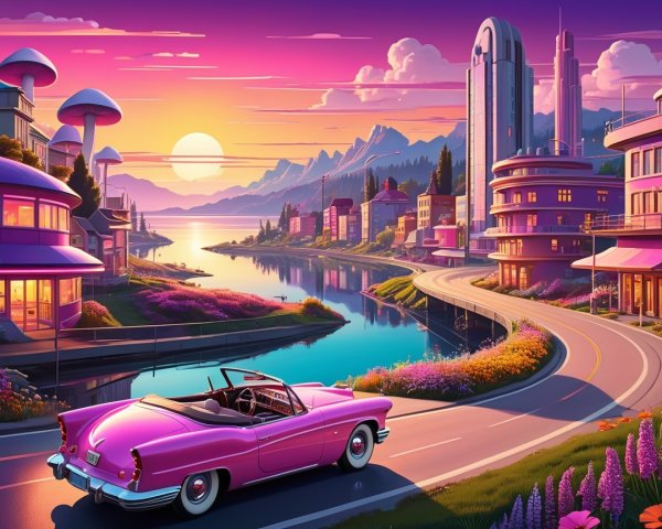 Vibrant Sunset Over River with Modern Cityscape