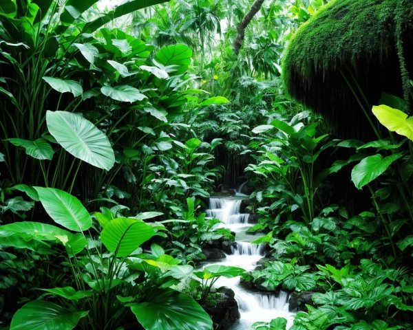 Lush Tropical Jungle with Stream and Sunlight Filtering