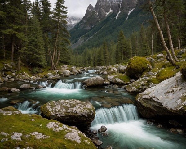 Serene Mountain Landscape with Flowing River and Greenery