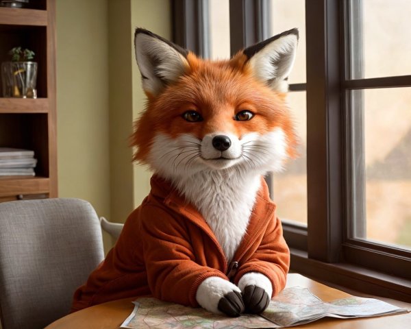 Realistic fox in hoodie studying a map indoors