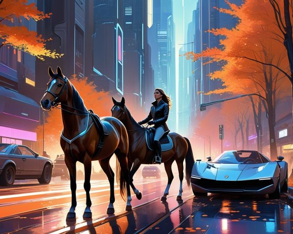 Futuristic Cityscape with Horseback Rider and Neon Lights