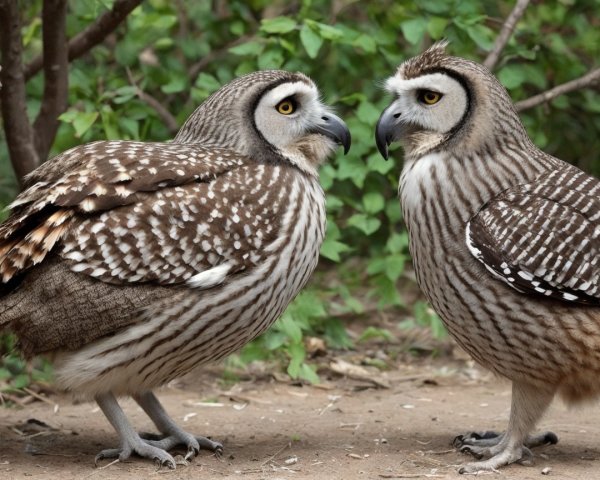 Owls in Natural Setting with Brown and White Plumage