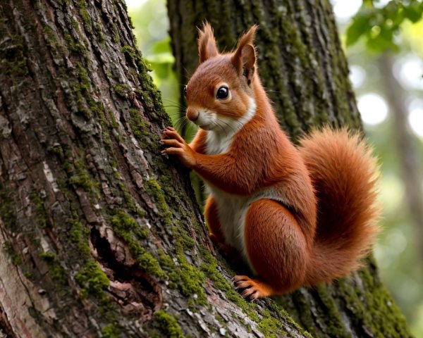 Red Squirrel Climbing Tree in Serene Forest Setting