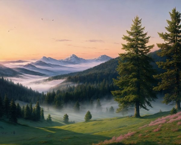 Serene Mountain Landscape at Sunrise with Mist