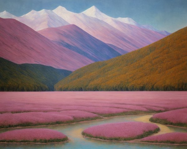 Tranquil Landscape with Hills, Flowers, and Mountains