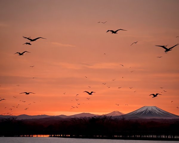 Sunset Over Lake with Mountains and Birds in Flight