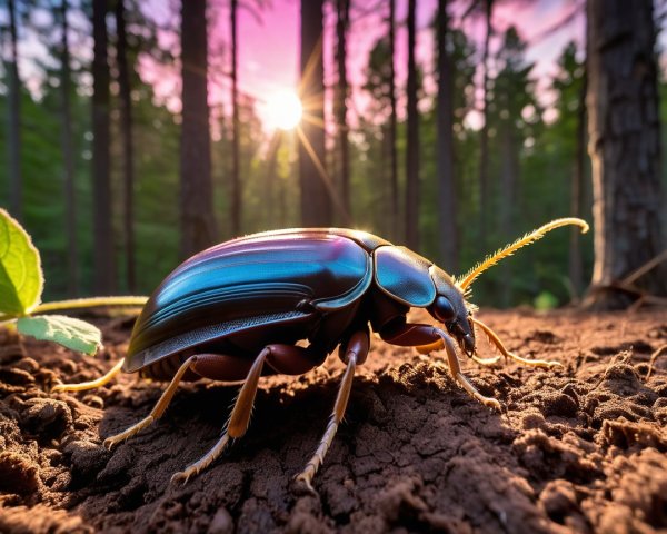 Iridescent beetle on forest floor with sunlight backdrop