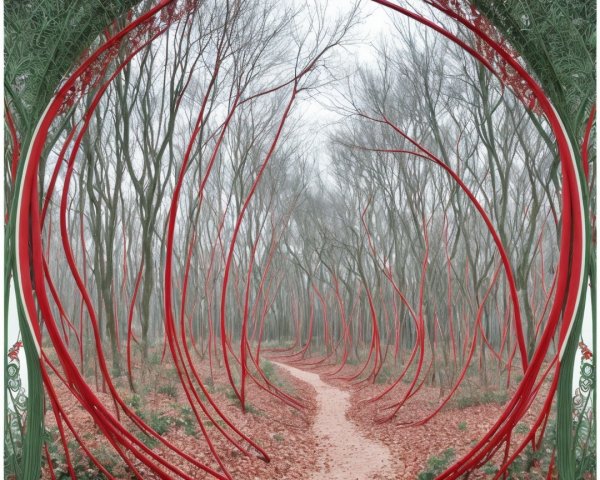 Misty Forest Path with Red Tendril Structures