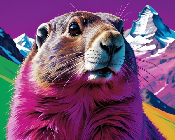 Stylized Marmot Portrait with Colorful Mountain Background