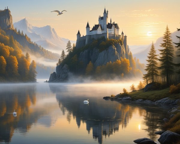Majestic castle surrounded by autumn foliage and mountains