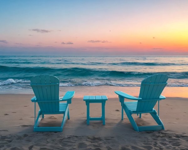 Light Blue Adirondack Chairs on Sandy Beach at Sunset