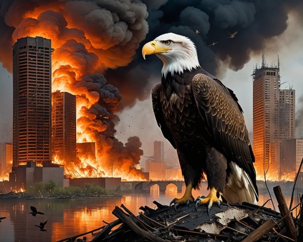 Bald Eagle Overlooks City in Flames and Smoke