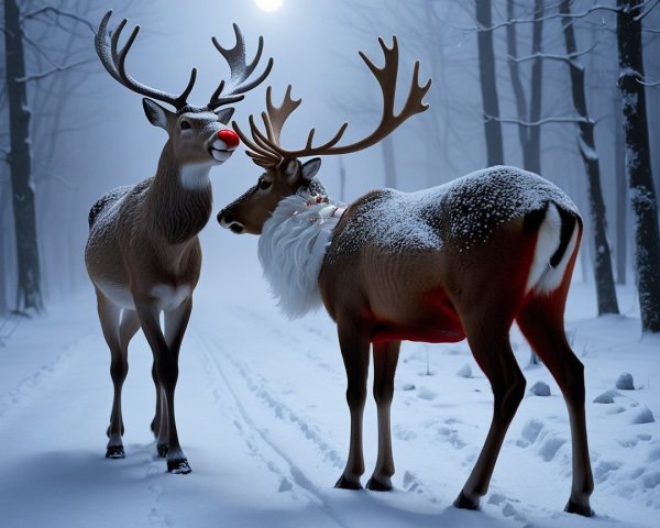 Reindeer in Snowy Forest Under Full Moonlight