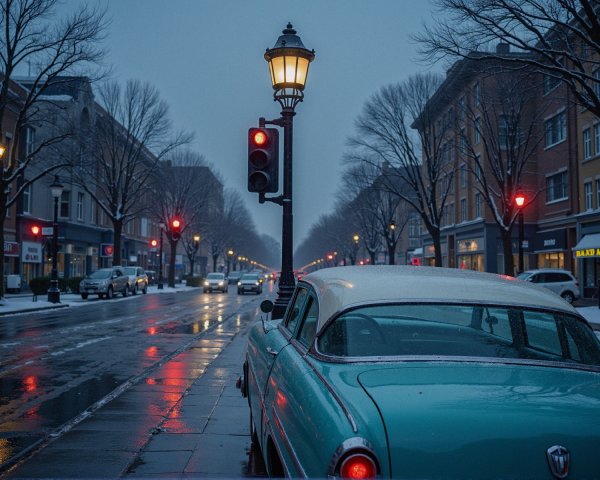 Vintage Turquoise Car in Snowy Street Scene