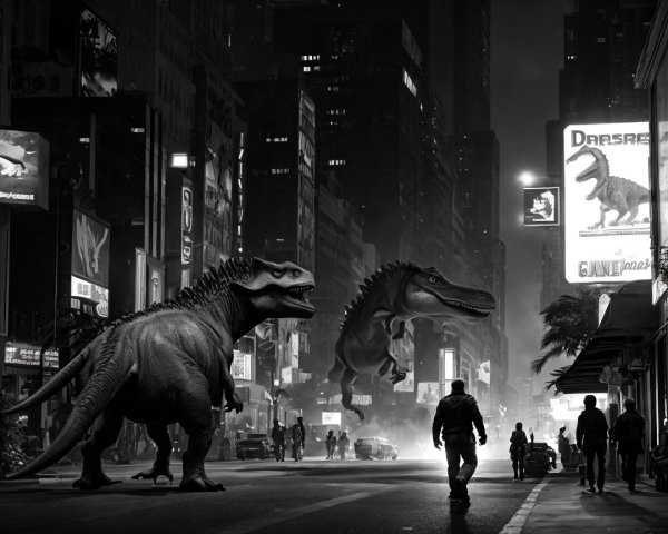 Dinosaurs Roaming a Neon-Lit City at Night