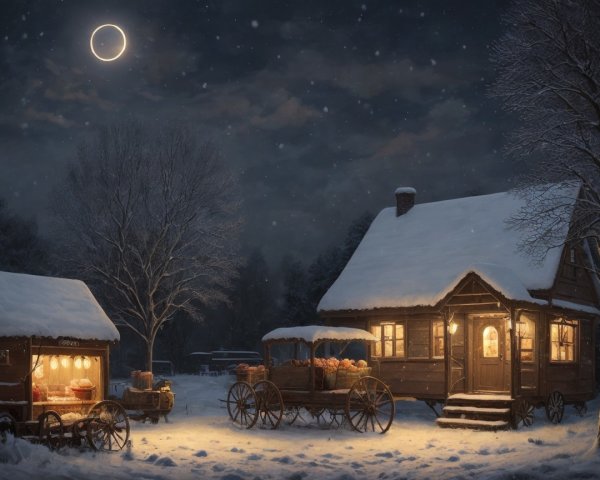 Cozy Snow-Covered Cabin Under Moonlit Sky