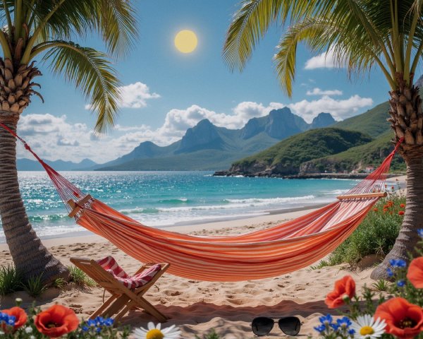 Serene beach scene with hammock and tropical elements