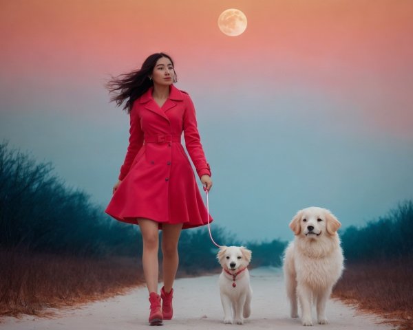 Woman in red coat walks dogs at twilight under moon
