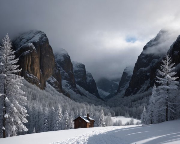 Tranquil Winter Scene with Cabin and Snowy Mountains
