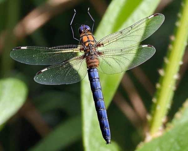 Close-up of a vibrant dragonfly on green foliage