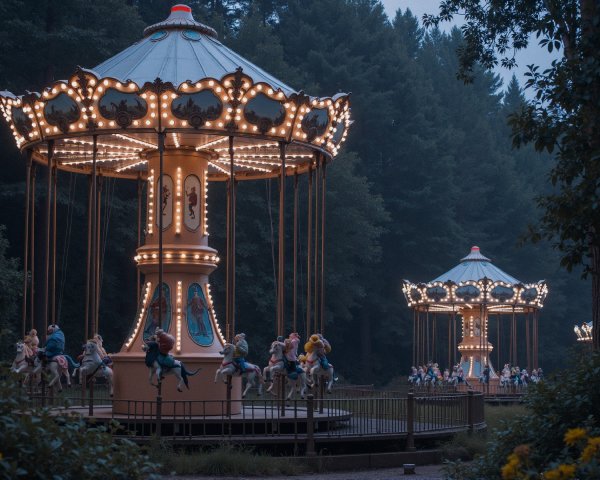 Dark Romantic Photograph of Vintage Carousels at Dusk
